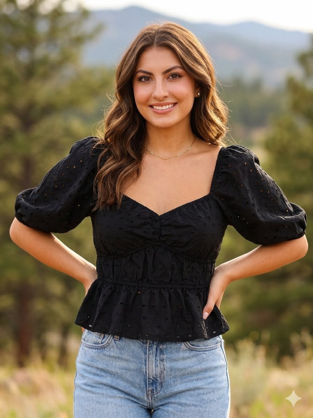 A New Day Black Eyelet Puff Sleeve Peplum Top Size S